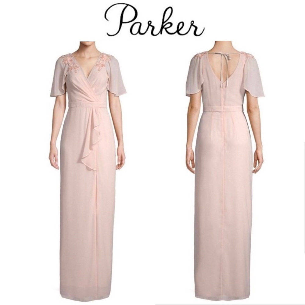 WORN ONCE! Parker Cascading Pink Hanna Gown in Pearl Blush - Beaded Chiffon Gown